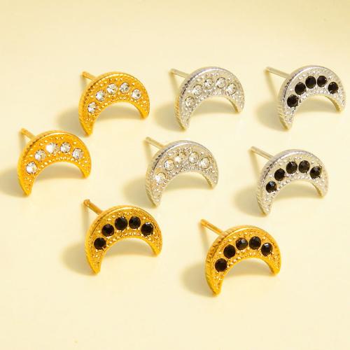 Stainless Steel Stud Earrings, 304 Stainless Steel, Moon, plated, fashion jewelry & with rhinestone, more colors for choice, 10x7.50mm, Sold By Pair