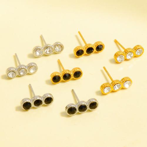 Stainless Steel Stud Earrings, 304 Stainless Steel, plated, fashion jewelry & with rhinestone, more colors for choice, 12x4.20mm, Sold By Pair