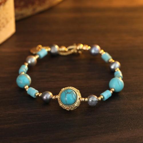 Brass Bracelet & Bangle, with Turquoise & Freshwater Pearl, with 4cm extender chain, 18K gold plated, fashion jewelry & for woman, Turquoise 8mm, irregular pearl 7mm, Length:17.5 cm, Sold By PC