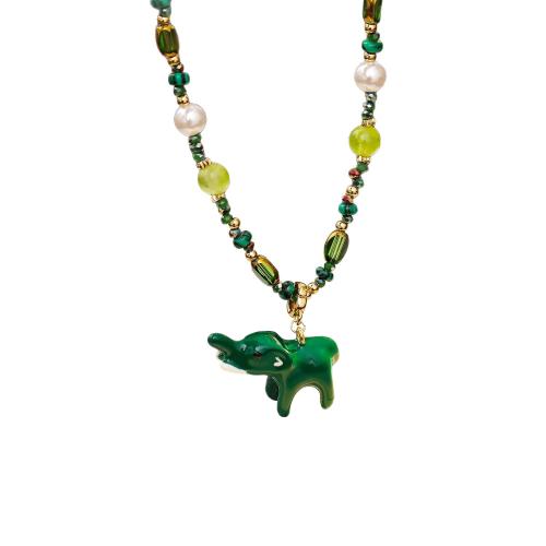 Crystal Necklace, Brass, with Glass Beads & Crystal, with 5cm extender chain, Elephant, 18K gold plated, fashion jewelry & for woman & enamel, green, The pendant is 2.6cm long and 1cm wide, Length:39 cm, Sold By PC
