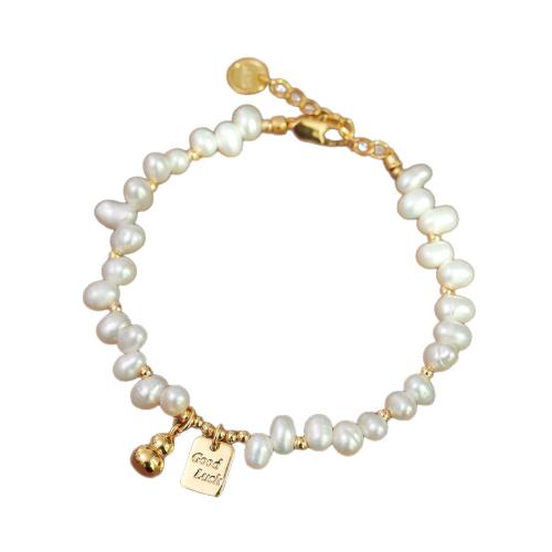 Freshwater Cultured Pearl Bracelet, Brass, with Freshwater Pearl, with 3cm extender chain, Calabash, 18K gold plated, fashion jewelry & for woman, Length:17 cm, Sold By PC