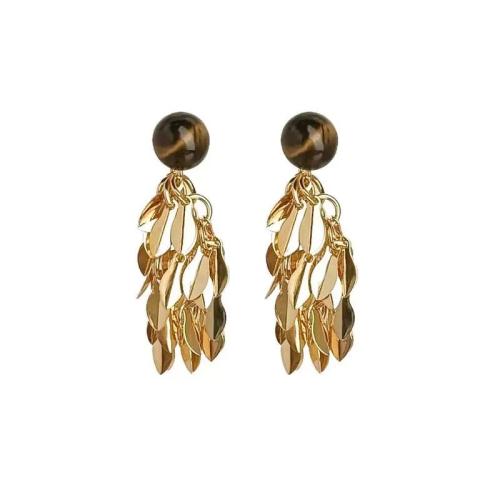 Brass Drop Earring, with Tiger Eye, Leaf, 18K gold plated, fashion jewelry & for woman, 26x20mm, Sold By Pair