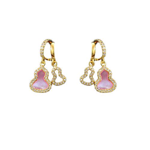 Cubic Zirconia Micro Pave Brass Earring, with Shell, Calabash, 18K gold plated, fashion jewelry & micro pave cubic zirconia & for woman, 23x8mm, Sold By Pair