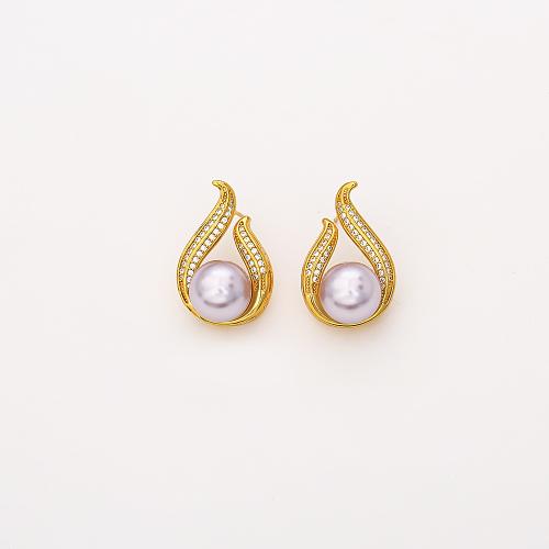Cubic Zirconia Micro Pave Brass Earring, with Glass Pearl, real gold plated, fashion jewelry & micro pave cubic zirconia & for woman, Sold By Pair