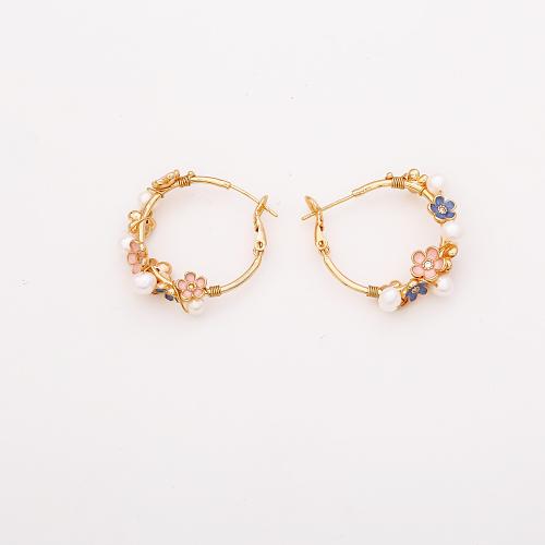 Freshwater Pearl Earrings, Brass, with Freshwater Pearl, Flower, real gold plated, fashion jewelry & for woman & enamel, Sold By Pair