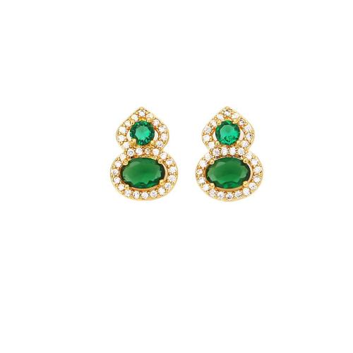 Cubic Zirconia Micro Pave Brass Earring, Calabash, real gold plated, fashion jewelry & micro pave cubic zirconia & for woman, green, Sold By Pair