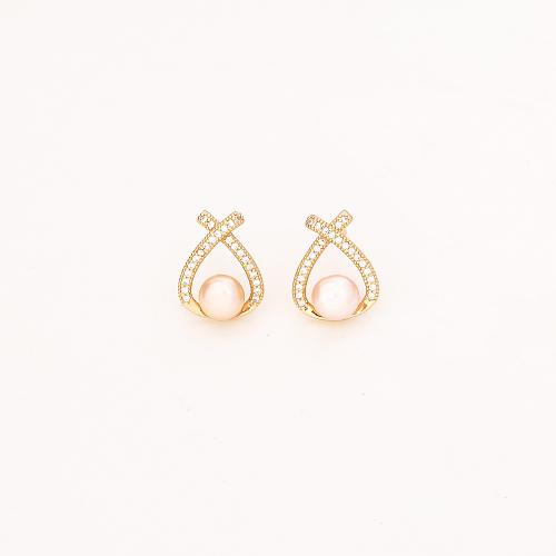 Cubic Zirconia Micro Pave Brass Earring, with Freshwater Pearl, plated, micro pave cubic zirconia & for woman & hollow, more colors for choice, Sold By Pair
