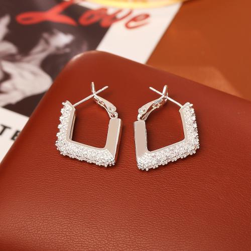 Cubic Zirconia Micro Pave Brass Earring, Rhombus, plated, fashion jewelry & micro pave cubic zirconia & for woman, silver color, Sold By Pair