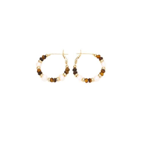 Freshwater Pearl Earrings, Brass, with Tiger Eye & Freshwater Pearl, real gold plated, fashion jewelry & for woman, Sold By Pair