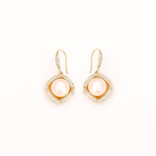 Cubic Zirconia Micro Pave Brass Earring, with Plastic Pearl, real gold plated, fashion jewelry & micro pave cubic zirconia & for woman, Sold By Pair