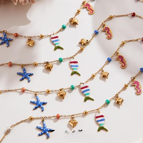 Комплект ювелирных изделий из нержавеющей стали Эмаль, ножной браслет & браслет & ожерелье, Нержавеющая сталь 304, с Shell Pearl, плакирован золотом, ювелирные изделия моды & эмаль, Много цветов для выбора, продается PC