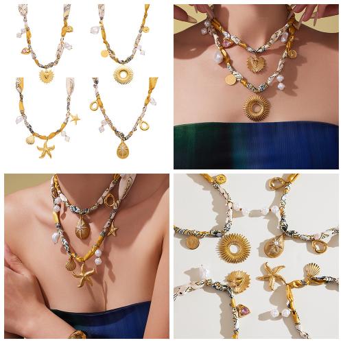 Stainless Steel Jewelry Necklace, 304 Stainless Steel, with Silk & Plastic Pearl, gold color plated, fashion jewelry & micro pave cubic zirconia, more colors for choice, Sold By PC