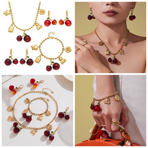 Cubic Zirconia Stainless Steel Jewelry Sets, bracelet & earring & necklace, 304 Stainless Steel, with Resin, gold color plated, fashion jewelry & micro pave cubic zirconia, more colors for choice, Sold By PC