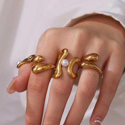 Stainless Steel Finger Ring, 304 Stainless Steel, with Plastic Pearl, gold color plated, fashion jewelry, more colors for choice, Sold By PC