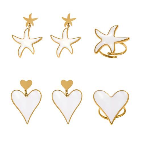 Enamel Stainless Steel Jewelry Set, finger ring & earring, 304 Stainless Steel, gold color plated, fashion jewelry, golden, Sold By PC