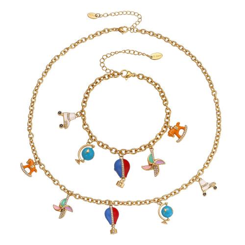 Enamel Stainless Steel Jewelry Set, bracelet & necklace, 304 Stainless Steel, gold color plated, fashion jewelry & micro pave cubic zirconia, more colors for choice, Sold By PC