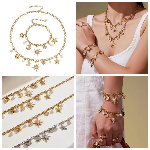 Cubic Zirconia Stainless Steel Jewelry Sets, bracelet & necklace, 304 Stainless Steel, with Plastic Pearl, gold color plated, fashion jewelry & micro pave cubic zirconia, more colors for choice, Sold By PC