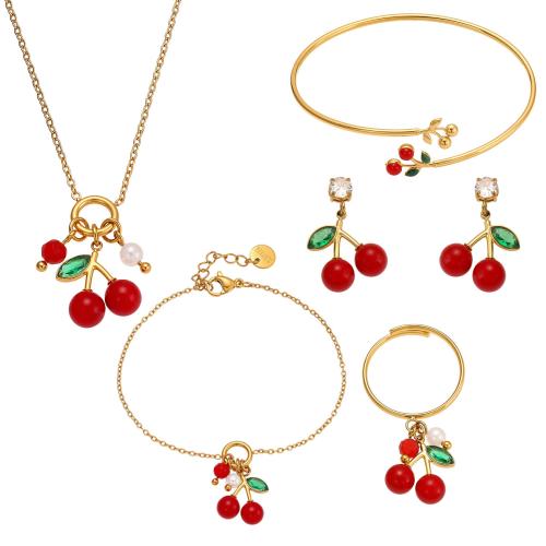 Enamel Stainless Steel Jewelry Set, cuff bangle & bracelet & earring & necklace, 304 Stainless Steel, gold color plated, fashion jewelry & micro pave cubic zirconia, more colors for choice, Sold By PC