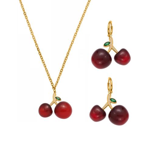 Cubic Zirconia Stainless Steel Jewelry Sets, earring & necklace, 304 Stainless Steel, with Resin, gold color plated, fashion jewelry & micro pave cubic zirconia, more colors for choice, Sold By PC