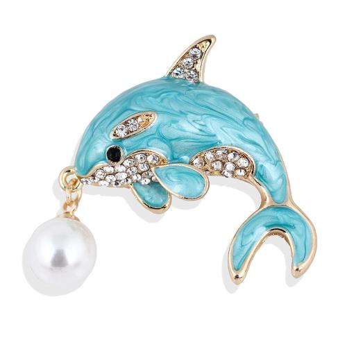 Enamel Brooch, Tibetan Style, with Plastic Pearl, Dolphin, KC gold color plated, for woman & with rhinestone, 38x35mm, Sold By PC