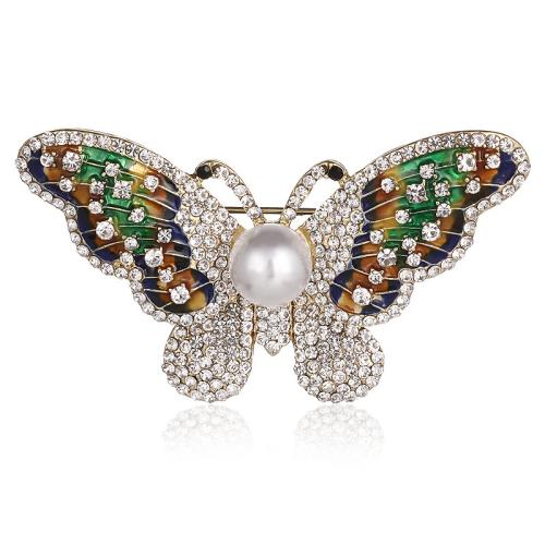Rhinestone Brooch, Tibetan Style, with Plastic Pearl, Butterfly, plated, for woman & enamel & with rhinestone, Sold By PC