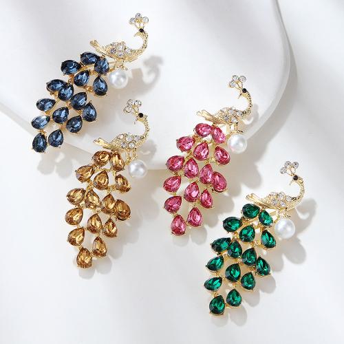 Rhinestone Brooch, Tibetan Style, with Plastic Pearl, Peacock, gold color plated, Unisex & with rhinestone & hollow, more colors for choice, Sold By PC