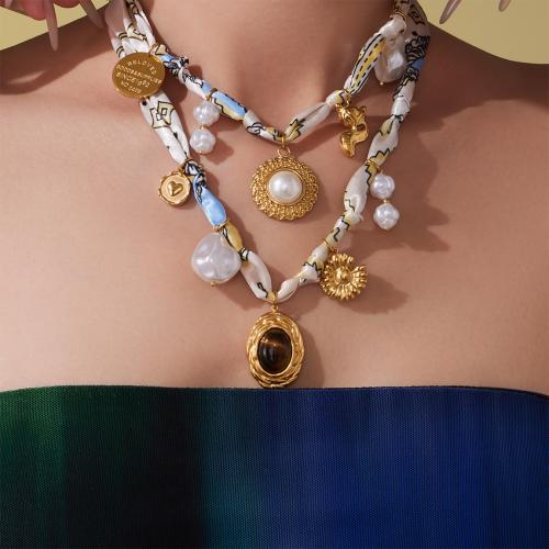 Fashion Necklace Jewelry, 304 Stainless Steel, with Silk & Tiger Eye & Plastic Pearl, gold color plated, fashion jewelry & micro pave cubic zirconia & enamel, more colors for choice, Sold By PC