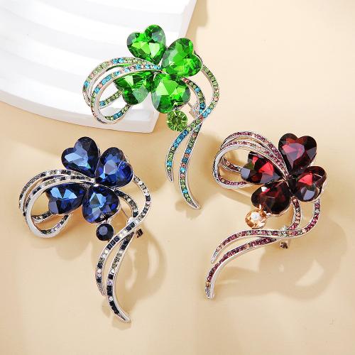 Rhinestone Brooch, Tibetan Style, Four Leaf Clover, plated, for woman & with rhinestone & hollow, more colors for choice, Sold By PC