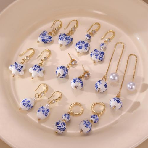 Porcelain Earrings, 304 Stainless Steel, with Porcelain, plated, fashion jewelry & different styles for choice & for woman, golden, Sold By Pair