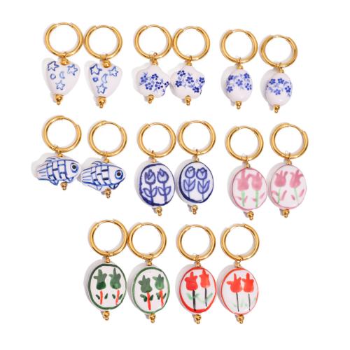 Porcelain Earrings, Titanium Steel, with Porcelain, 18K gold plated, different styles for choice & different designs for choice & for woman, Sold By Pair