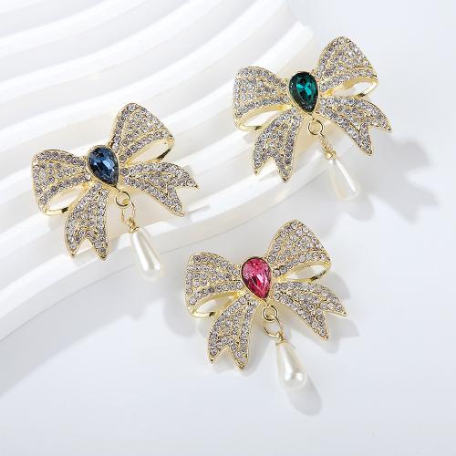 Rhinestone Brooch, Tibetan Style, with Plastic Pearl, Bowknot, plated, fashion jewelry & for woman & with rhinestone, more colors for choice, Sold By PC