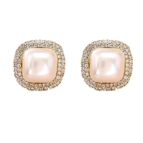 Cubic Zirconia Micro Pave Brass Earring, with Plastic Pearl, Square, plated, fashion jewelry & micro pave cubic zirconia & for woman, more colors for choice, Sold By Pair