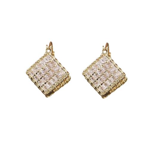 Cubic Zirconia Micro Pave Brass Earring, Square, real gold plated, fashion jewelry & micro pave cubic zirconia & for woman, Sold By Pair