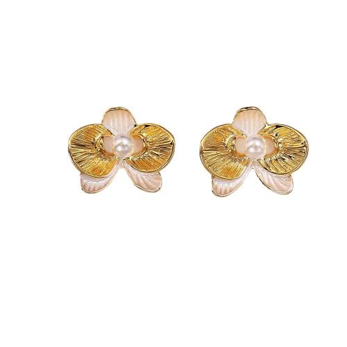Brass Stud Earring, with Plastic Pearl, Moth Orchid, plated, fashion jewelry & for woman & enamel, more colors for choice, Sold By Pair