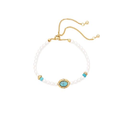 Plastic Bracelet, Brass, with Turquoise & Plastic Pearl, plated, fashion jewelry & micro pave cubic zirconia & for woman, Sold By PC