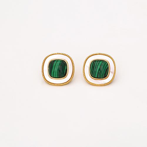 Brass Stud Earring, with Pearl Oyster & Malachite & Turquoise, real gold plated, fashion jewelry & for woman, Sold By Pair