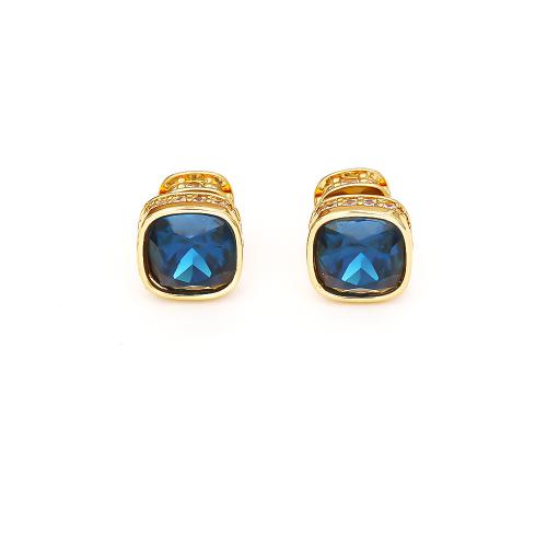 Brass Stud Earring, with Cubic Zirconia, Square, real gold plated, fashion jewelry & for woman, more colors for choice, Sold By Pair