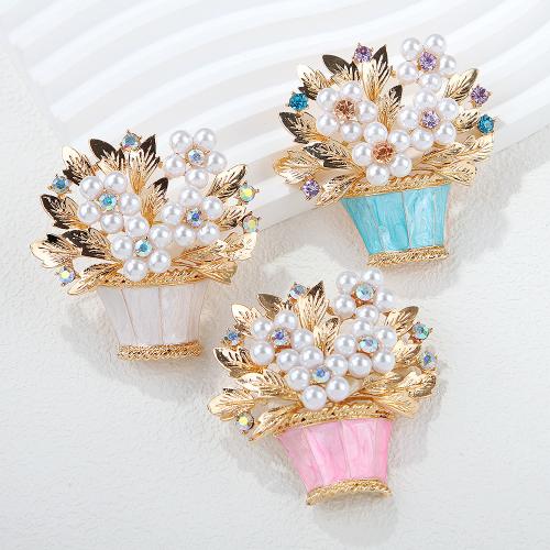 Plastic Pearl Brooch, Tibetan Style, with Plastic Pearl, Flower Basket, plated, for woman & enamel & with rhinestone, more colors for choice, Sold By PC