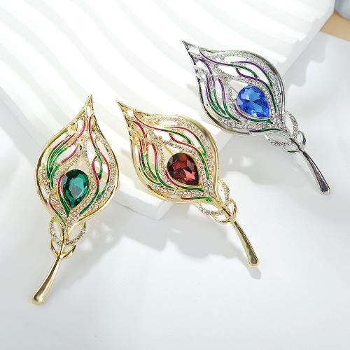 Rhinestone Brooch, Tibetan Style, Feather, plated, for woman & enamel & with rhinestone & hollow, more colors for choice, Sold By PC