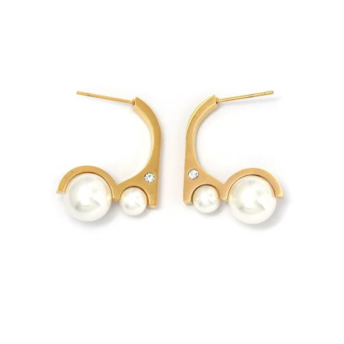 Stainless Steel Stud Earrings, 304 Stainless Steel, with Plastic Pearl, gold color plated, fashion jewelry & for woman & with rhinestone, Sold By Pair