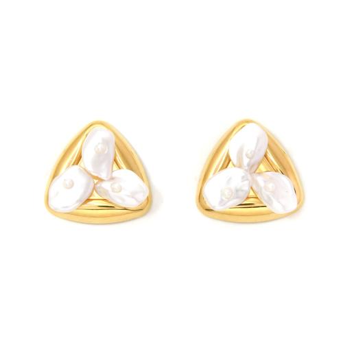 Stainless Steel Stud Earrings, 304 Stainless Steel, with Plastic Pearl, Triangle, plated, fashion jewelry & for woman, golden, Sold By Pair