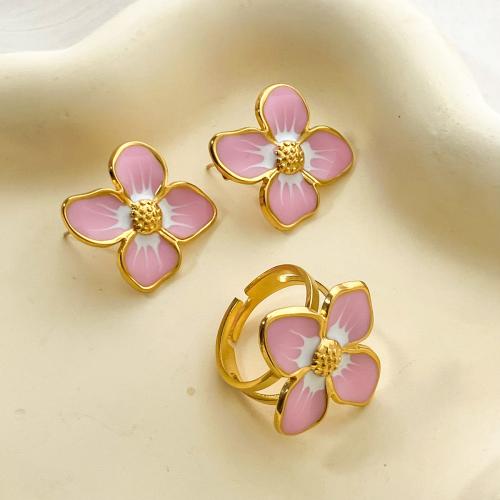 Enamel Stainless Steel Jewelry Set, Stud Earring & finger ring, 304 Stainless Steel, Flower, real gold plated, different styles for choice & for woman, Sold By Set