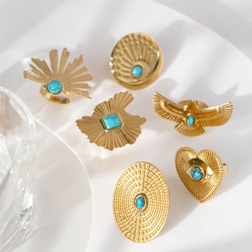 Stainless Steel Finger Ring, 304 Stainless Steel, with turquoise, plated, fashion jewelry & different styles for choice & for woman, golden, 25x40mm, Sold By PC