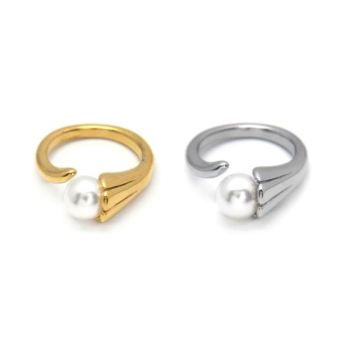 Stainless Steel Finger Ring, 304 Stainless Steel, with Plastic Pearl, plated, fashion jewelry & for woman, more colors for choice, US Ring Size:7, Sold By PC