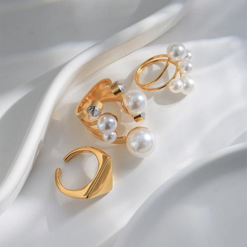 Stainless Steel Finger Ring, 304 Stainless Steel, with Plastic Pearl, gold color plated, fashion jewelry & different styles for choice & for woman, Sold By PC