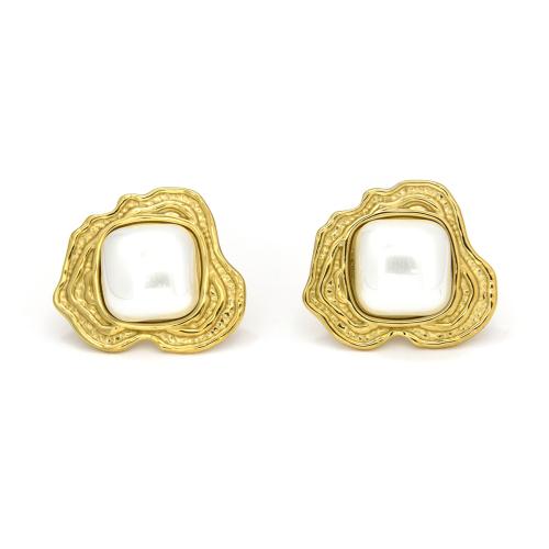 Stainless Steel Stud Earrings, 304 Stainless Steel, with Plastic Pearl, plated, fashion jewelry & for woman, golden, Sold By Pair