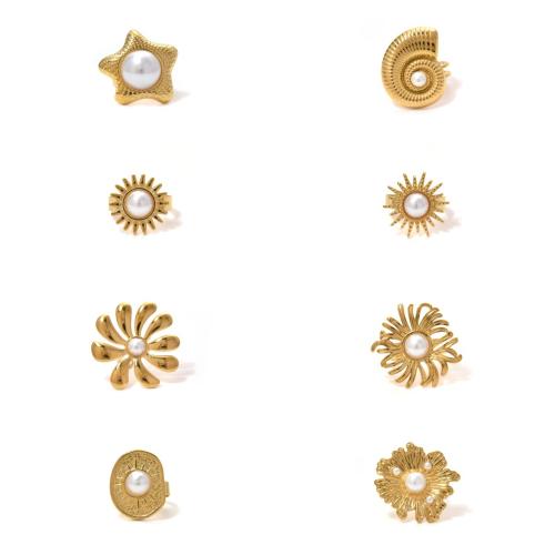 Stainless Steel Finger Ring, 304 Stainless Steel, with Plastic Pearl, plated, fashion jewelry & different styles for choice & for woman, golden, Sold By PC