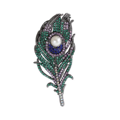 Rhinestone Brooch, Tibetan Style, with Plastic Pearl, Feather, Unisex & with rhinestone & hollow, more colors for choice, Sold By PC