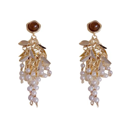 Brass Drop Earring, with Cats Eye & Plastic Pearl, real gold plated, fashion jewelry & for woman, 58x15mm, Sold By Pair