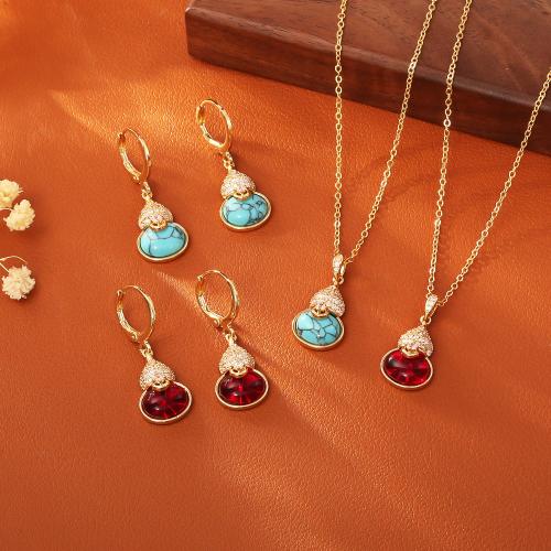 Cubic Zirconia Micro Pave Brass Jewelry Sets, with Turquoise, Calabash, real gold plated, different styles for choice & micro pave cubic zirconia & for woman, Sold By PC